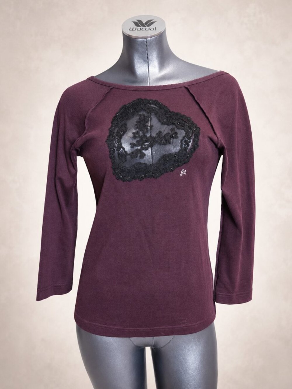 Sonia Rykiel Paris Burgundy Cotton Lace Rhinestone Long Sleeve Top Size L